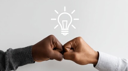 Two fists bumping, lightbulb graphic