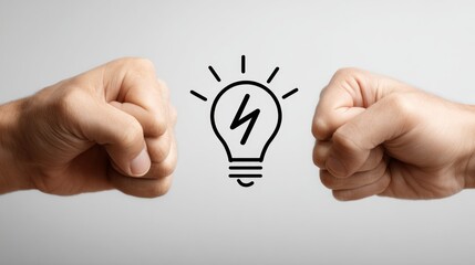 Two fists facing a lightbulb idea