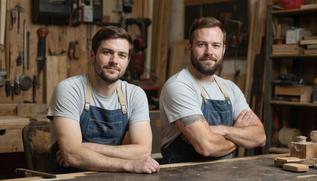 Two craftsmen in carpentry workshop. Men pose confidently with tools, materials. Skilled labor, carpentry shop, woodworking. Hands-on professionals in workshop, industry experts, male, female,