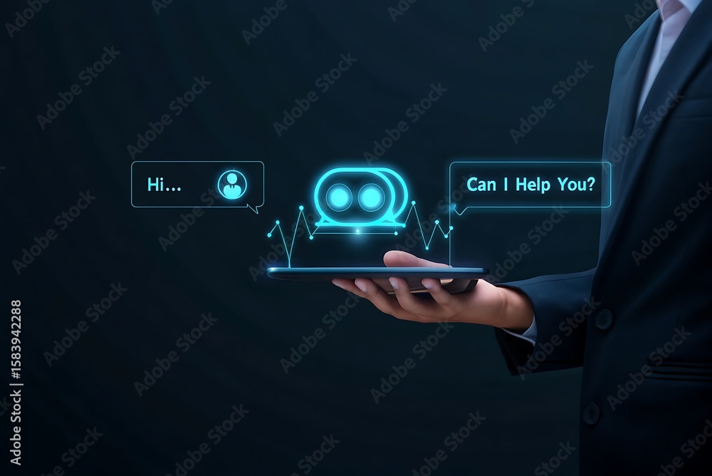 Poster ai chatbot technology, virtual assistant for customer service, futuristic smart automation, ai-power
