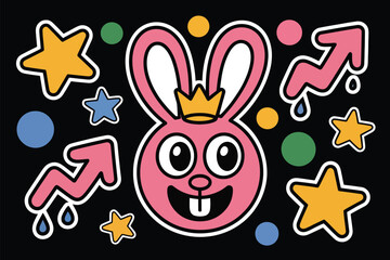 Whimsical art features a pink bunny with a crown, surrounded by stars, arrows, and colorful dots on a stark black background.