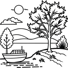 Tree, Bord with sun rise line art kids coloring page