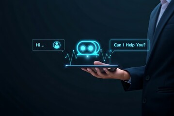 AI chatbot technology, virtual assistant for customer service, futuristic smart automation, AI-powered chatbot on tablet, digital business support, artificial intelligence conversation bot. Robot.