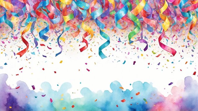Colorful confetti and streamers falling in a festive celebration backdrop  