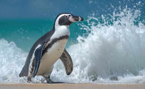 Penguin on sandy beach, waves splashing - Powered by Adobe