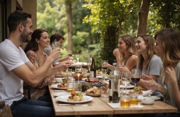 Group of friends enjoy meal at outdoor table in garden restaurant. People gather for dinner party with wine, food, and laughter. Casual atmosphere with lush greenery and trees in background.