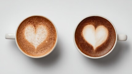 Two identical white mugs of latte art
