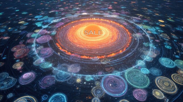 Abstract digital art, concentric circles, glowing rings, word "SALE" in center