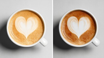 Two cups of cappuccino with heart latte art