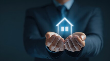 The businessman showcasing a digital house symbol representing real estate investment.