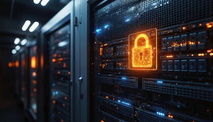 Server room with multiple racks, cables, and wires. Central server rack features vibrant orange digital lock. Multiple servers, cables create depth. Dark background contrasts with servers, cables.