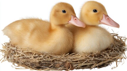 Two fluffy ducklings in a nest