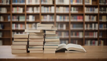 Fototapeta premium Wooden table in library filled with books, binders. Books vary in size, stacked haphazardly. Large bookshelf in blurred background holds rows of books, binders. Neutral color palette. Wooden texture,