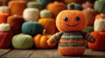 Cute knitted pumpkin toy with a smiling face, surrounded by colorful yarn balls on a wooden table. Perfect for autumn, Halloween crafts, and cozy handmade projects