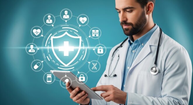 A doctor using a tablet with healthcare icons for digital medical services - Powered by Adobe