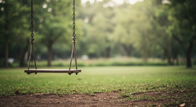 Empty swing in a green park with natural sunlight and soft focus  