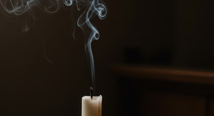 White candle with smoke curling in dark room background
