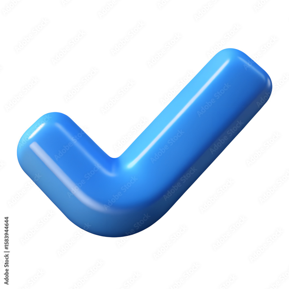 Poster a rendered image of a single blue check mark with rounded edges isolated on a black background plain