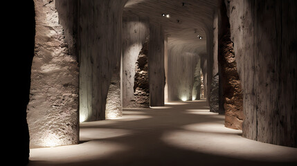 Archaeological tunnel lined with fossil remains embedded in structural columns