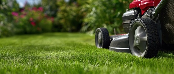 The lawn mower parked on freshly cut grass in a vibrant garden setting.