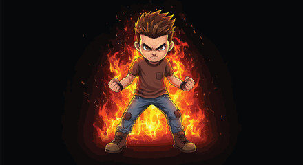 Naklejka premium Angry Anime Boy with Fire Aura Cartoon