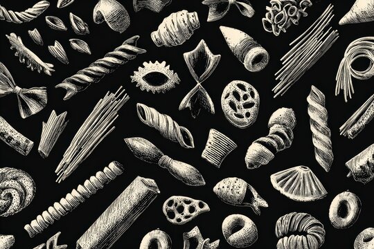 Hand-drawn pasta pattern on black