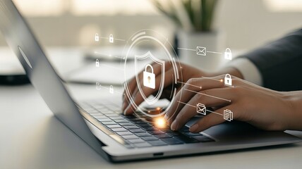 Person typing on laptop with digital security icons and shield overlay