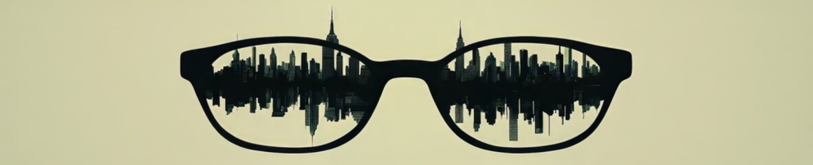 A pair of glasses with a city view in the background. The city is blurry and the trees are in focus. Concept of wonder and awe at the beauty of nature and the urban landscape