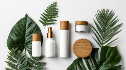 Assorted skincare products surrounded by tropical leaves
