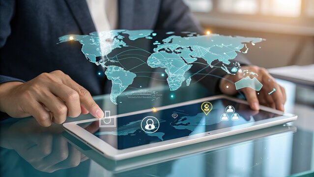 Businessman using tablet with global network and digital icons
