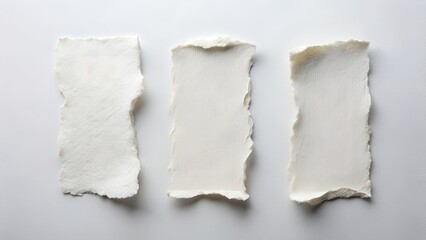 Three Rectangles of White Handmade Paper with Torn Edges on White Background