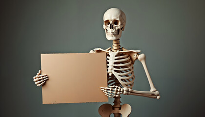 Skeleton holding blank sign on gray background for Halloween concept  