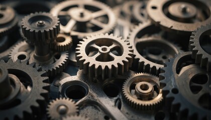 Complex network of gears, cogs in various sizes, colors, and designs. Painted gears, metallic cogs in shades of gray, brown, and black. Industrial machinery, mechanical components, metal parts.
