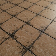 Tiled floor with dirty grout lines, construction issue, gray-beige tones, need for repair and cleaning