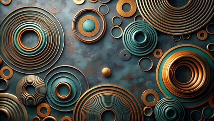 Abstract concentric circles in gold and teal on a textured background