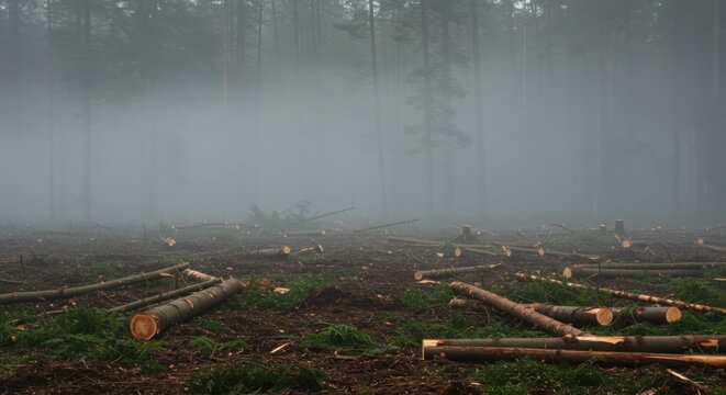 Foggy forest clearing with cut logs after logging activity  