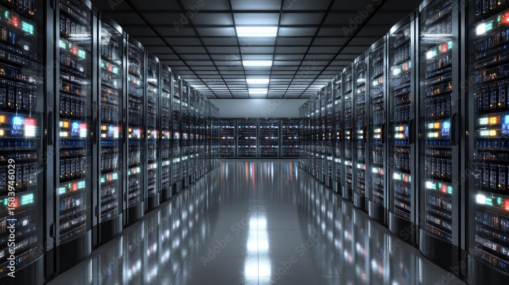 Poster modern data center server racks technology and digital infrastructure