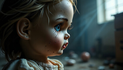 Vintage porcelain doll with blue eyes in dimly lit room  