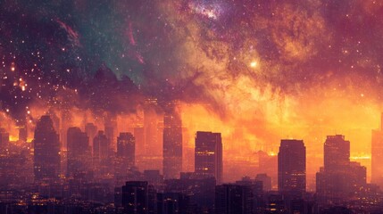 Cosmic cityscape night city under starry sky orange and purple hues