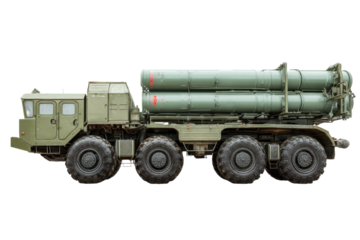 Powerful military rocket launcher truck on transparent background