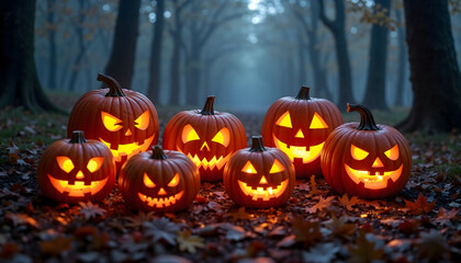 Glowing jack-o'-lanterns lined on forest floor during Halloween night  