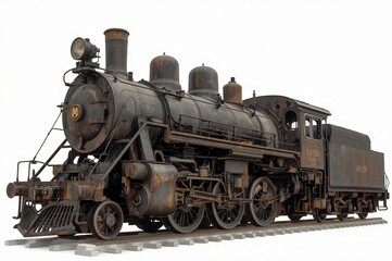 Fototapeta premium Rusty steam locomotive, isolated, white background, historical transport