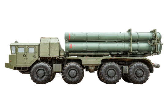 Powerful military rocket launcher truck on transparent background