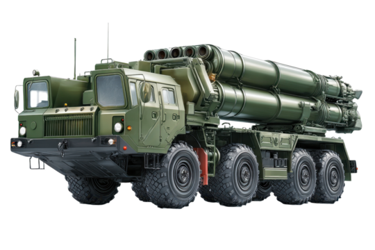 Powerful military rocket launcher truck on transparent background