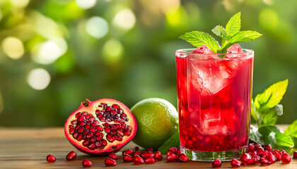 Vibrant red fruit beverage garnished with mint and pomegranate seeds, with a focus on clarity
