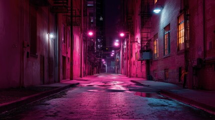 Urban alleyway night scene pink blue neon lights cityscape