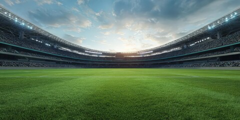 Soccer Stadium with Green Field Under Clear Sky