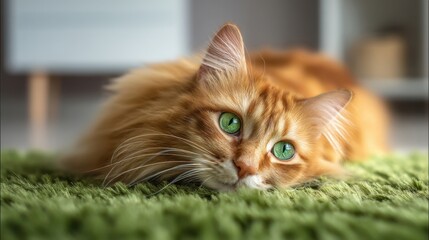 Naklejka na ściany i meble The adorable ginger cat relaxing on a green carpet in a cozy home setting.