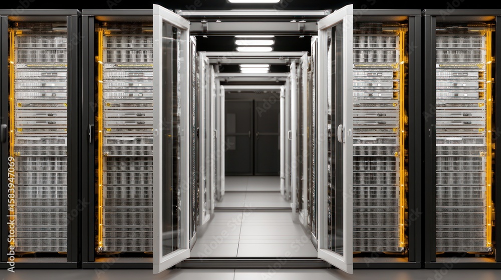 Poster server room interior rows of data racks in a modern data center