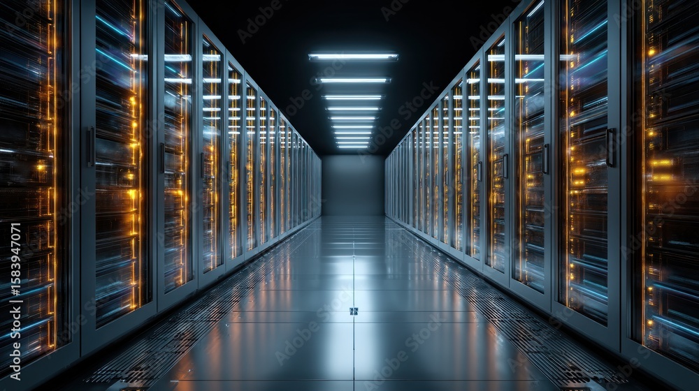 Poster illuminated data center servers technology and network storage